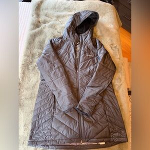 Columbia Black Hooded Puffer Coat with Polka Dot Lining